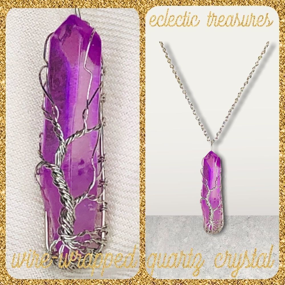Wire Wrapped Quartz Crystal Necklace Tree of Life, Lavender